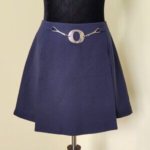 Vintage 90s Dark Blue Polyester AVENUE FASHION Mini Skort w/ Metal Belt Detail